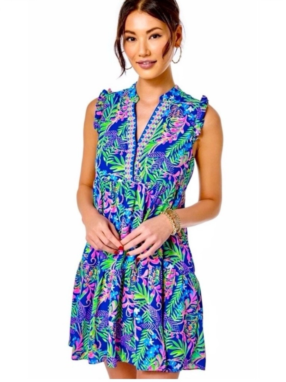 Lilly Pulitzer Blue Green Pink Tropical Tiered Mini Dress